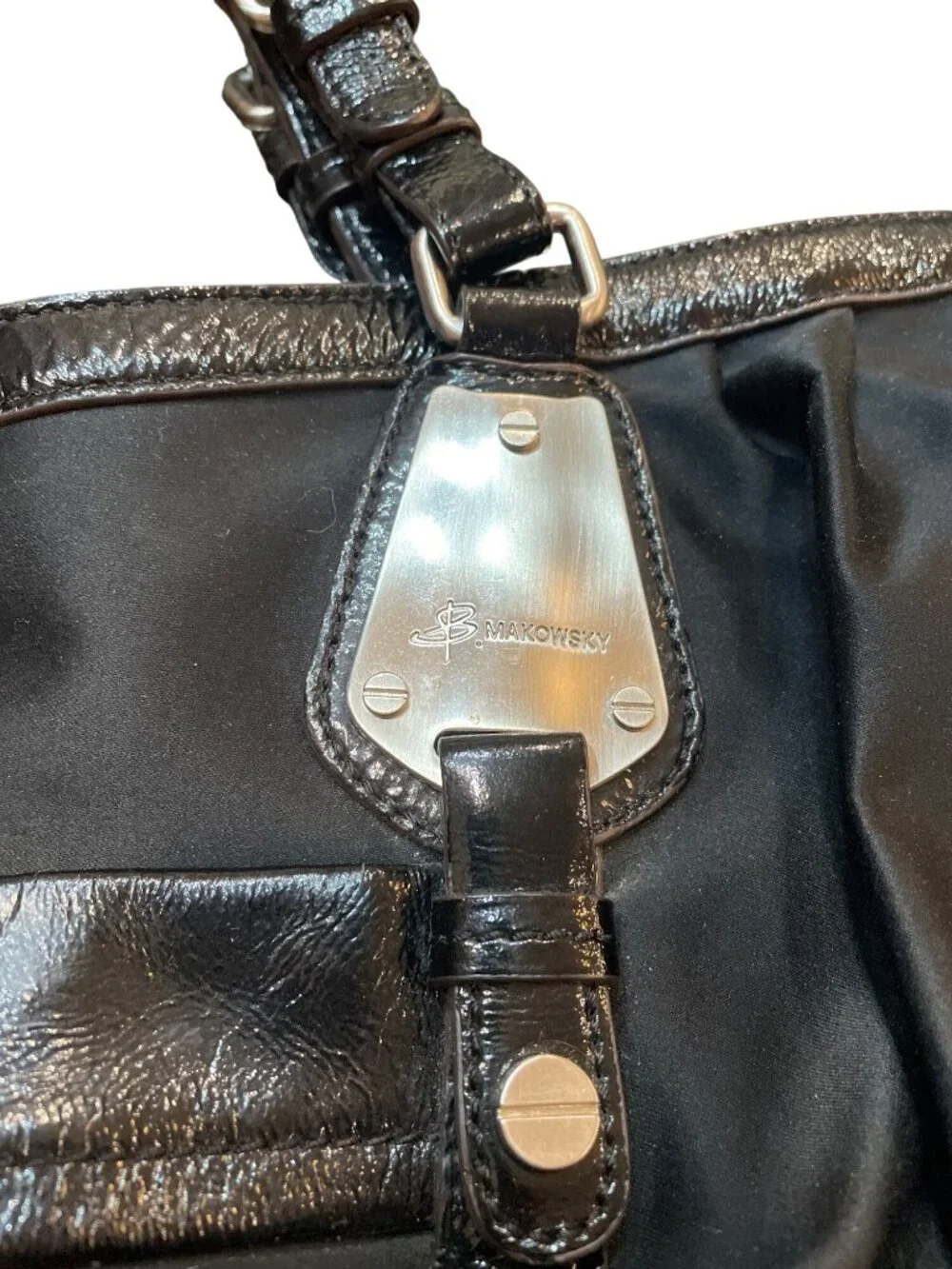 B Makowsky wms Vtg black leather canvas silver hobo shoulder handbag SKU 10537